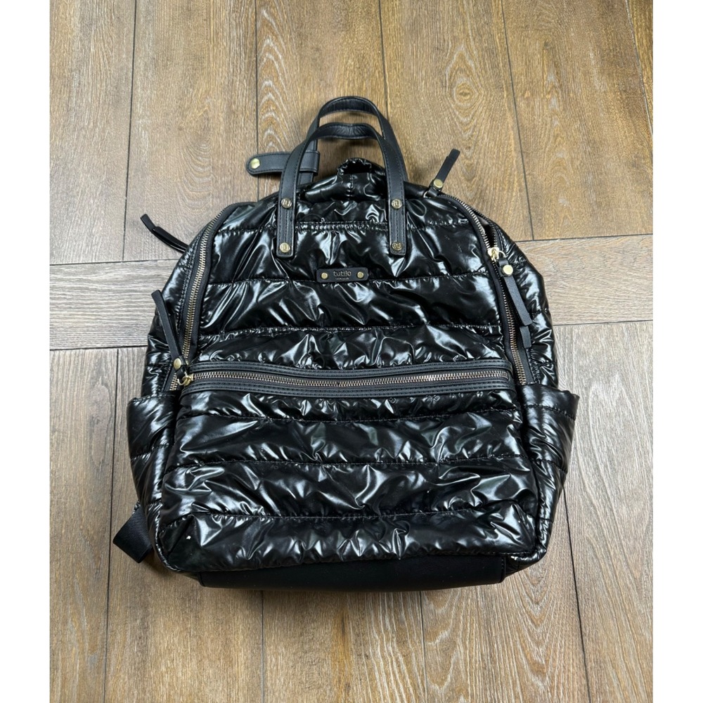 Tutilo New York Black Quilted‎ Puffer Backpack Gold Hardware Glossy Patent Style